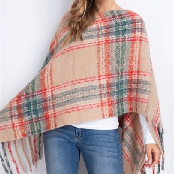 PLAID PRINT FRINGE SWEATER SHAWL PONCHO - Picture 5 of 7
